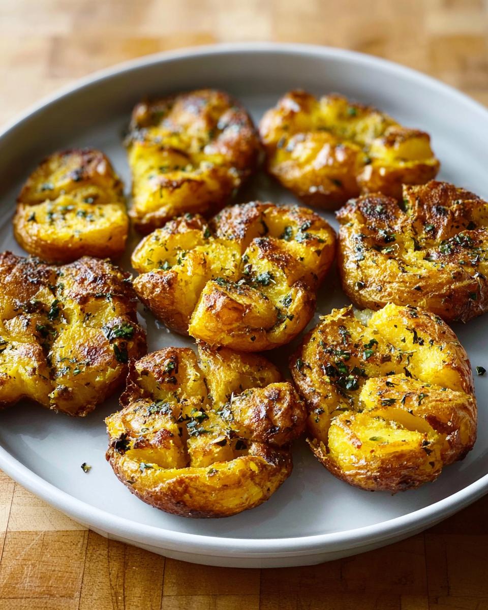 Close-up of golden brown Crispy Smashed Potatoes with Herbed Butter served on a light gray plate.
