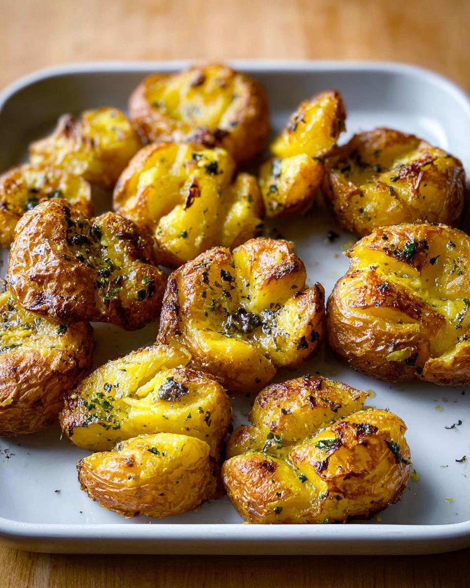 Close-up of golden, crispy smashed potatoes coated in herbed butter on a white platter.