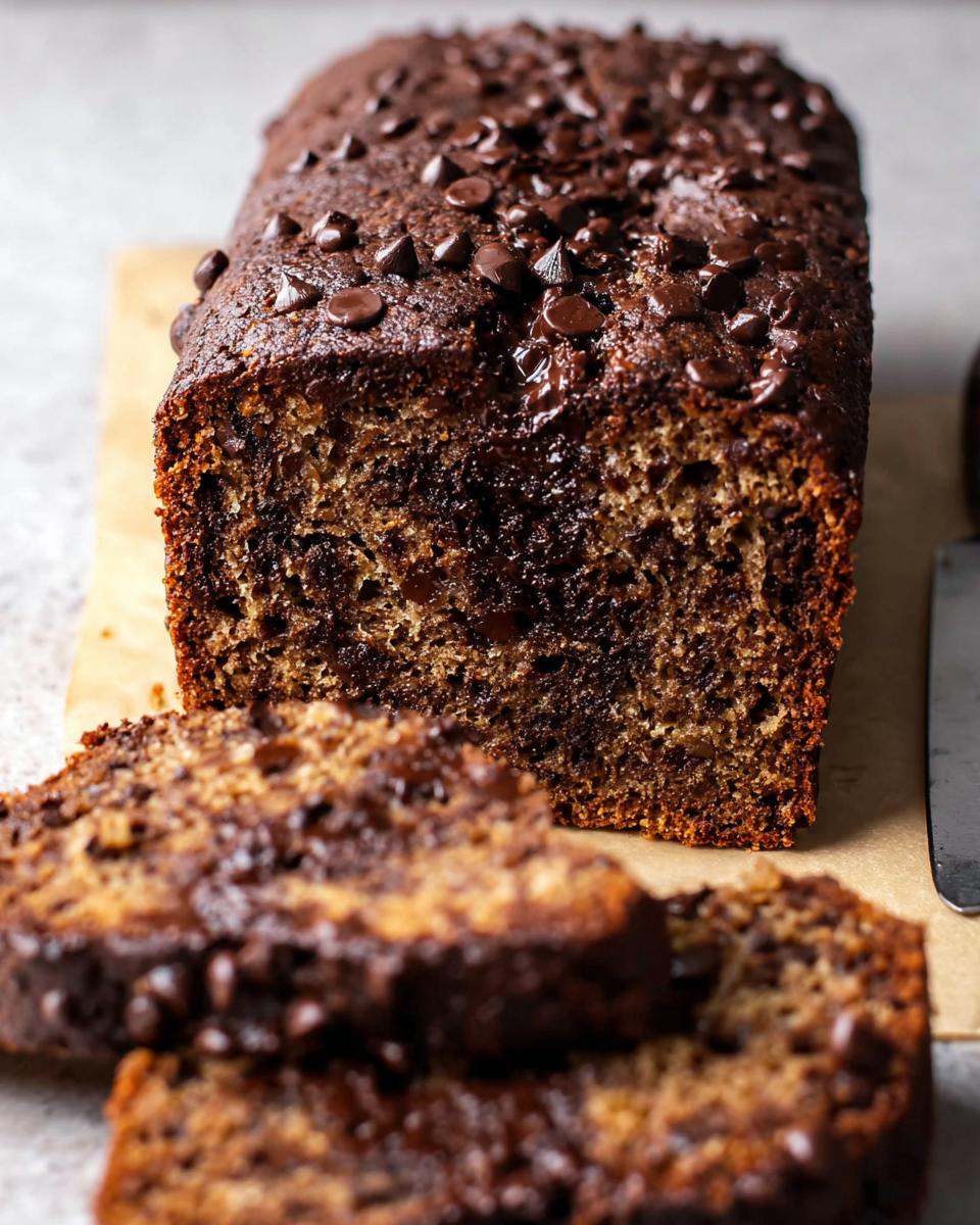 A rich, moist loaf of Double Chocolate Banana Bread topped with melted chocolate chips, partially sliced.