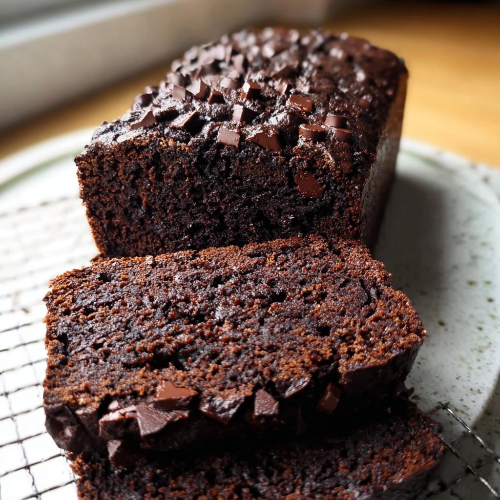Close-up of a rich, dark Double Chocolate Banana Bread loaf, partially sliced, topped with chocolate chips.