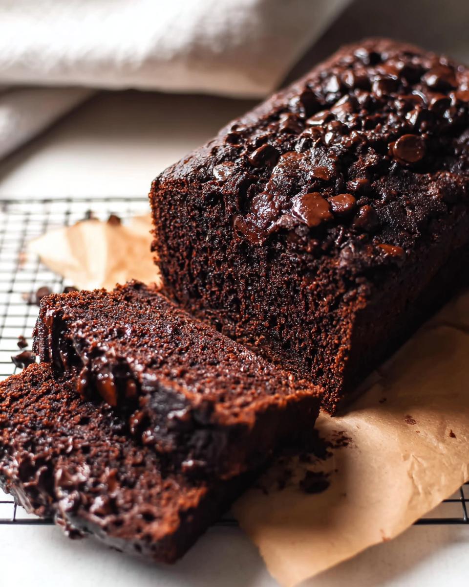 Close-up of a moist Double Chocolate Banana Bread loaf, partially sliced, topped with melted chocolate chips.