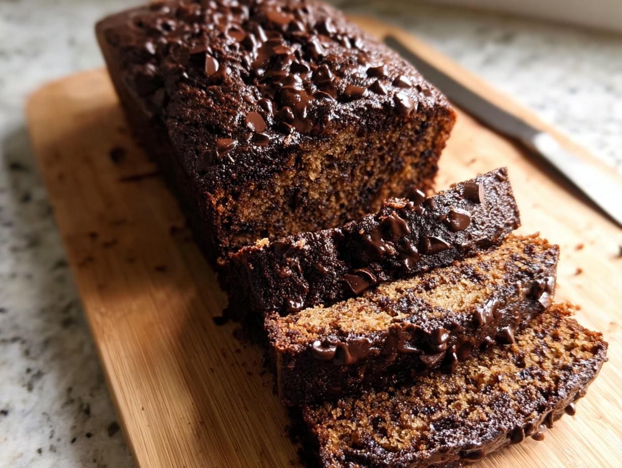 A loaf of moist Double Chocolate Banana Bread, partially sliced, topped with melted chocolate chips on a wooden board.