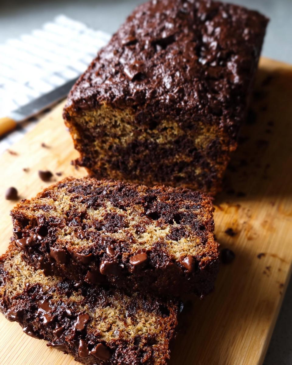 Two thick slices of moist Double Chocolate Banana Bread loaded with melted chocolate chips on a wooden cutting board.