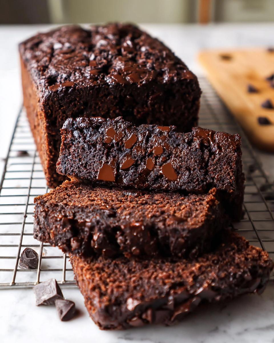 Close-up of moist Double Chocolate Banana Bread loaf with several thick slices cut and stacked on a cooling rack.