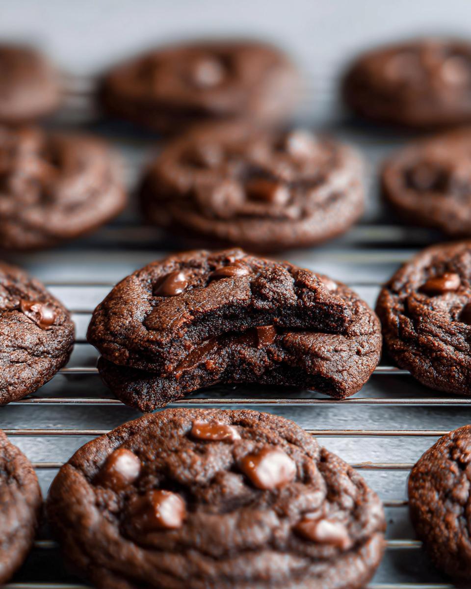 A close-up of a rich, dark Double Chocolate Chunk Chocolate Chip Cookie with a bite taken out, revealing a gooey center.