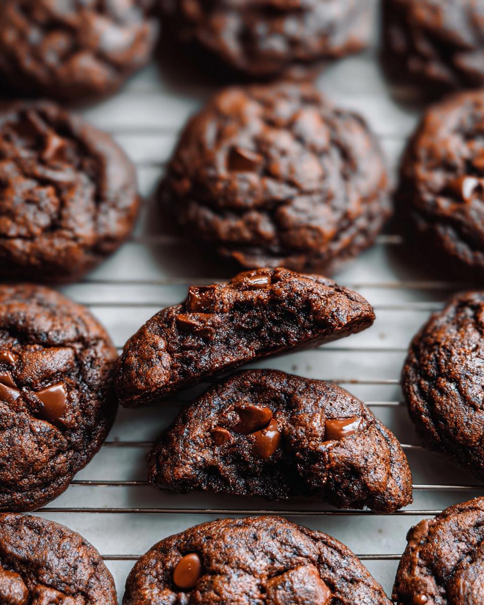 Close-up of rich, dark Double Chocolate Chunk Chocolate Chip Cookies cooling on a wire rack, one cookie is broken open.