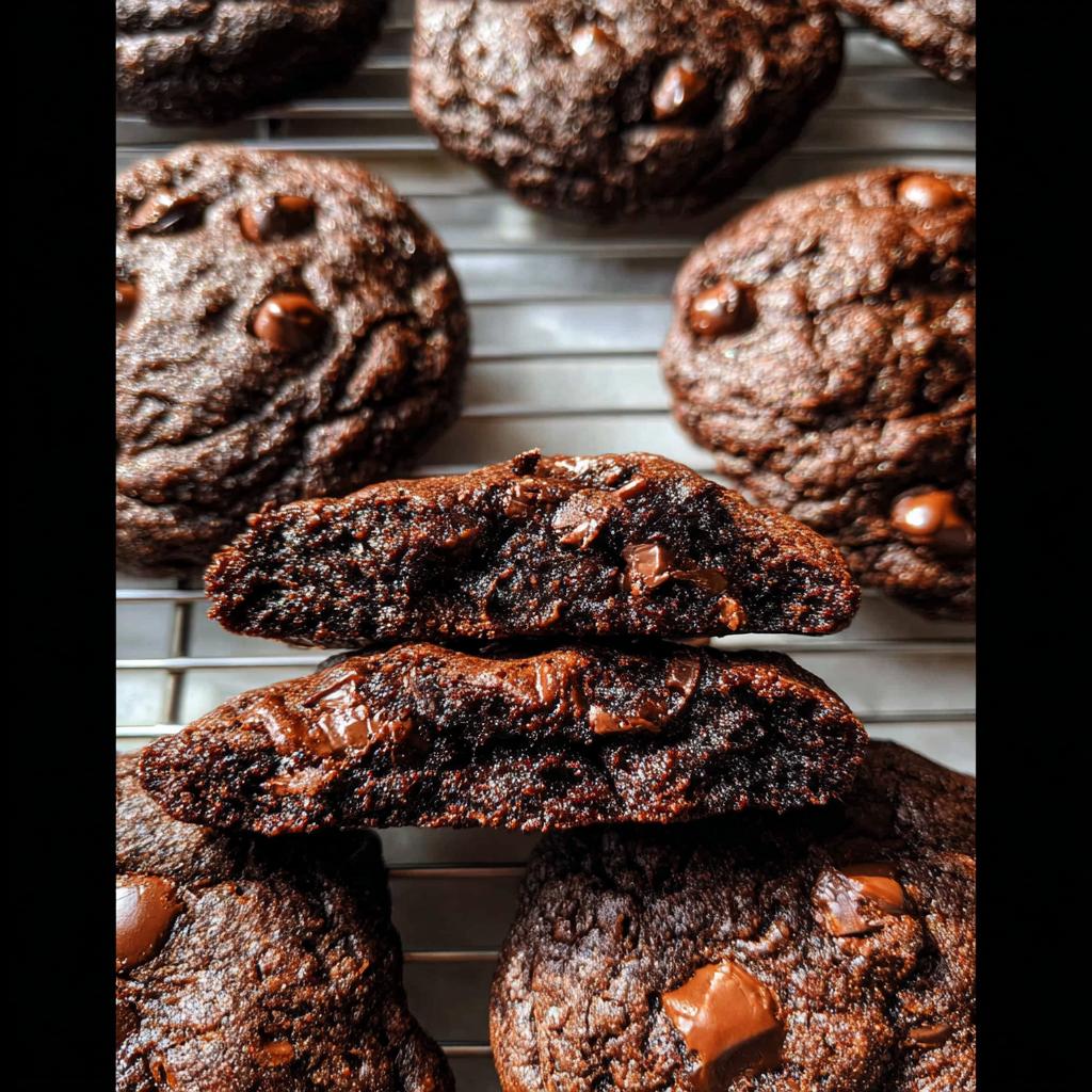 Close-up of Double Chocolate Chunk Chocolate Chip Cookies, showing a gooey, fudgy interior texture.