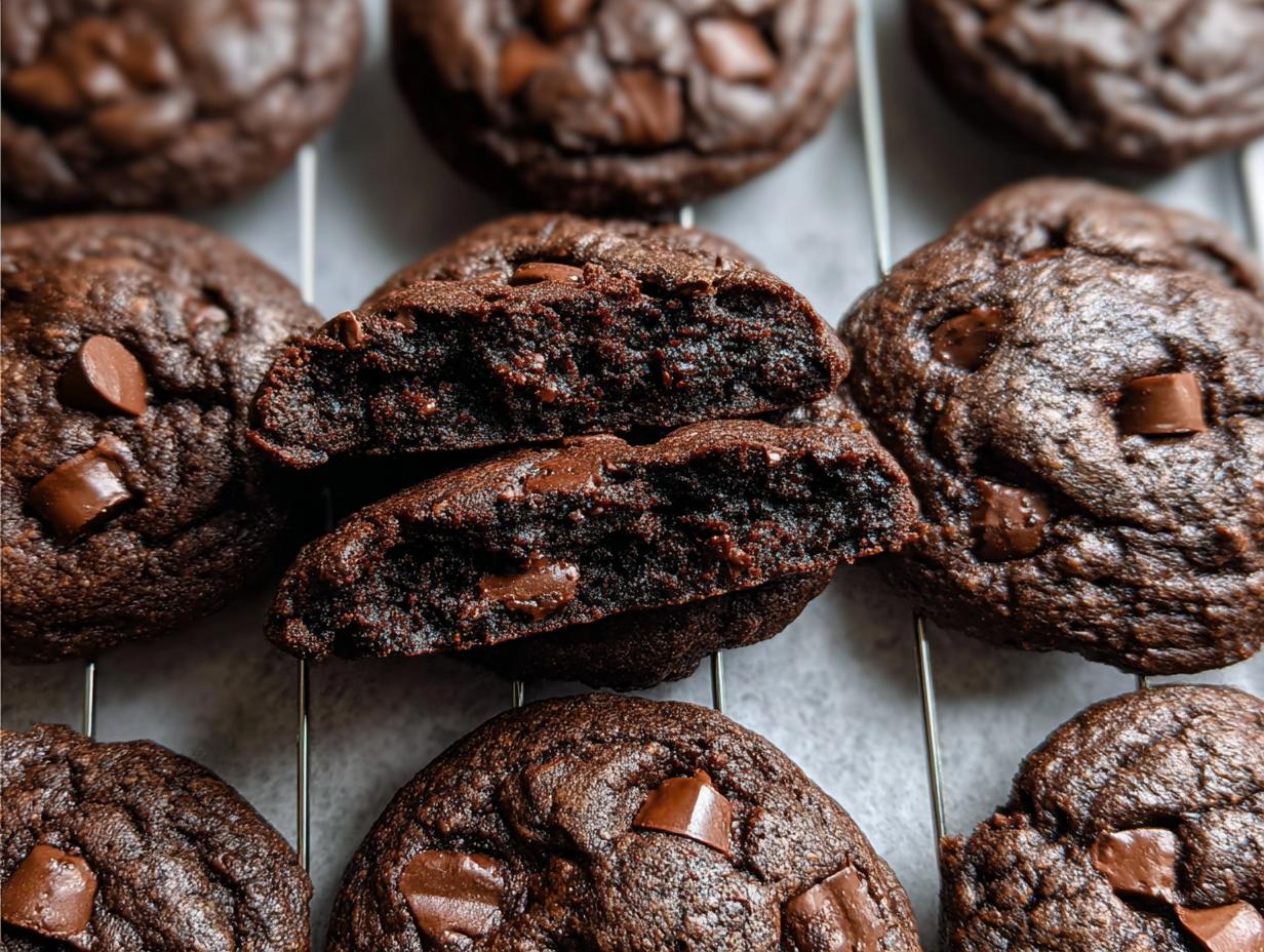 Close-up of Double Chocolate Chunk Chocolate Chip Cookies, one cookie broken in half showing a rich, fudgy interior.