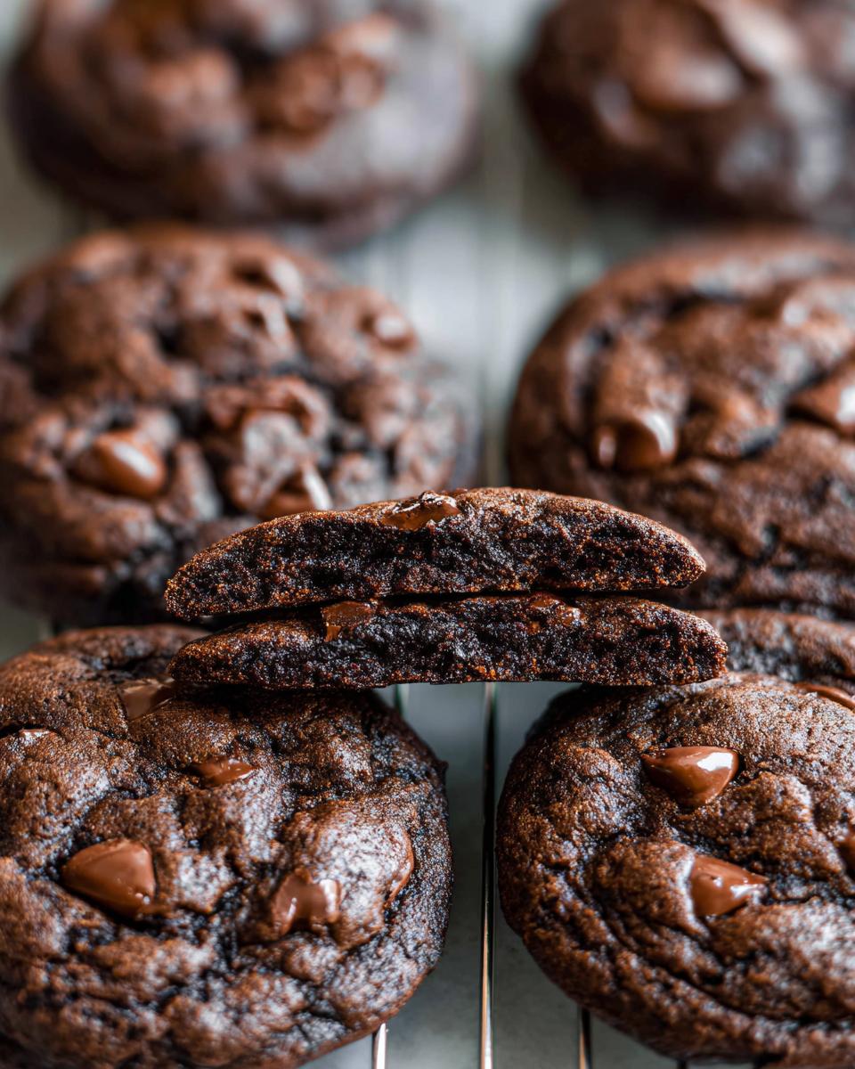 Close-up of a halved Double Chocolate Chunk Chocolate Chip Cookie showing the fudgy interior and melted chunks.