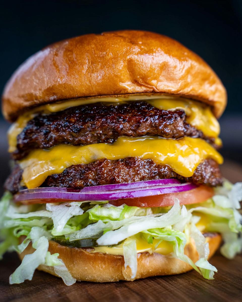 A towering double cheeseburger featuring two crispy, dark-crusted Juicy Smash Burger Patties topped with melted American cheese.