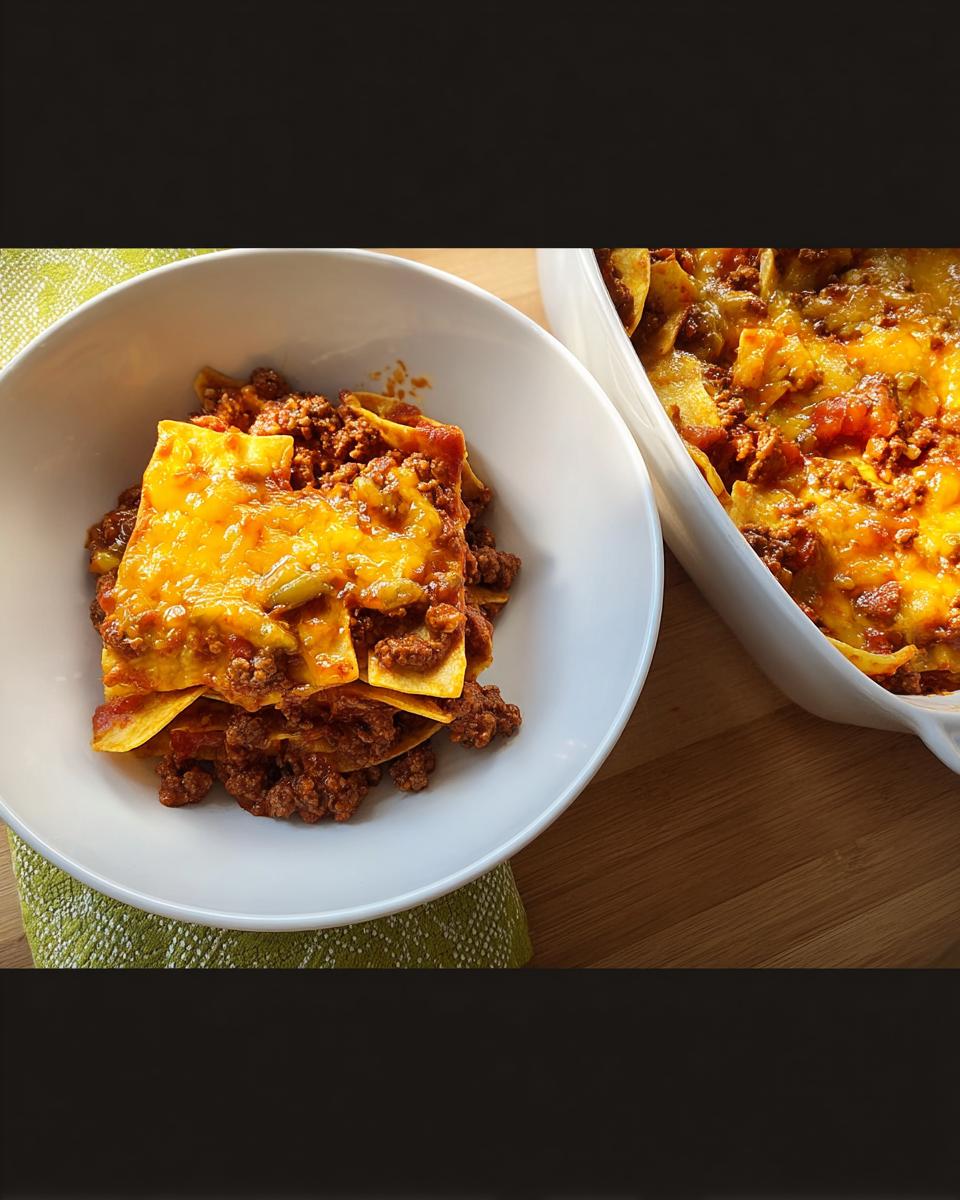 A serving of Easy Beef Taco Casserole layered with seasoned ground beef and melted cheddar cheese in a white bowl.