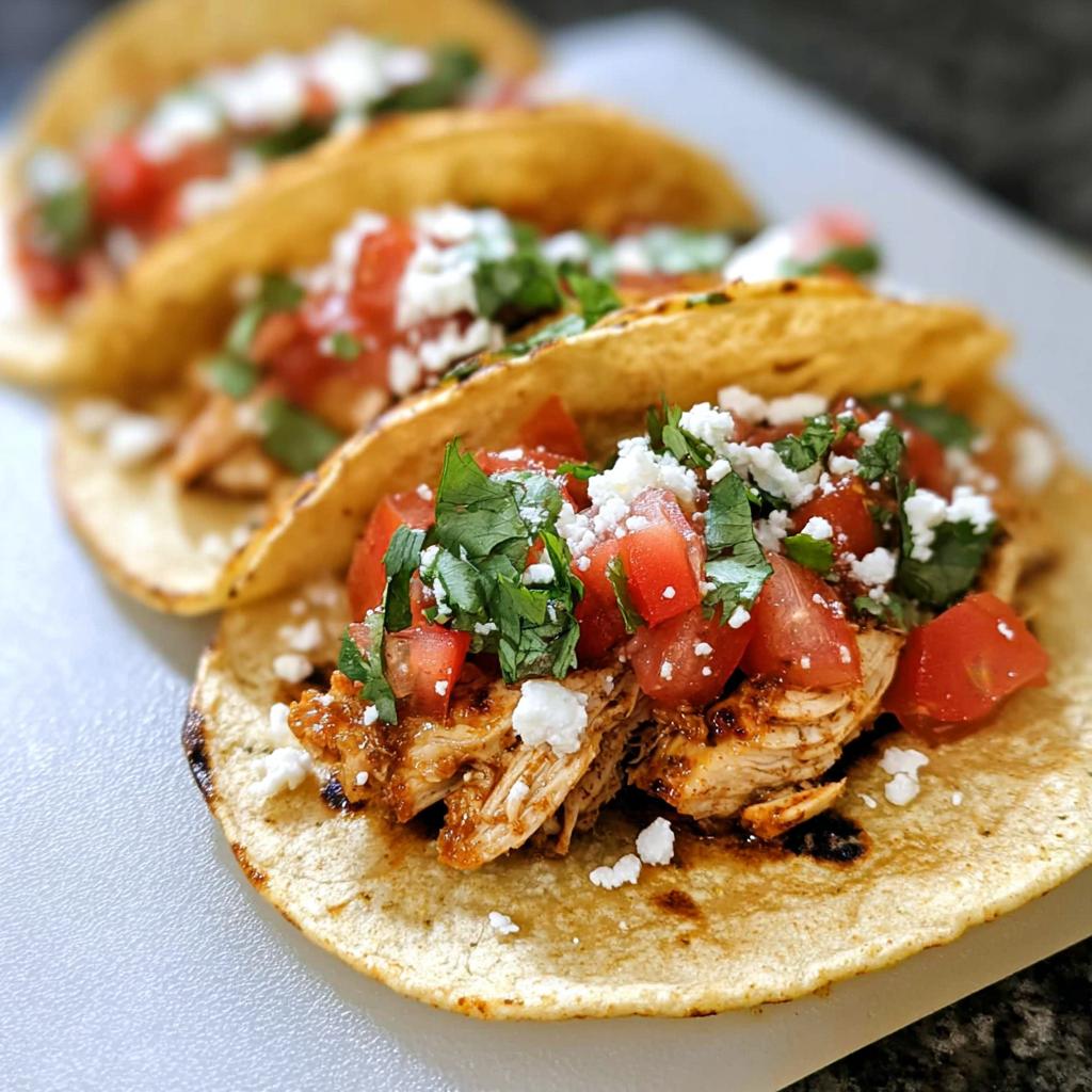 Close-up of one of three Easy Chicken Street Tacos filled with shredded seasoned chicken, diced tomatoes, and cotija cheese.