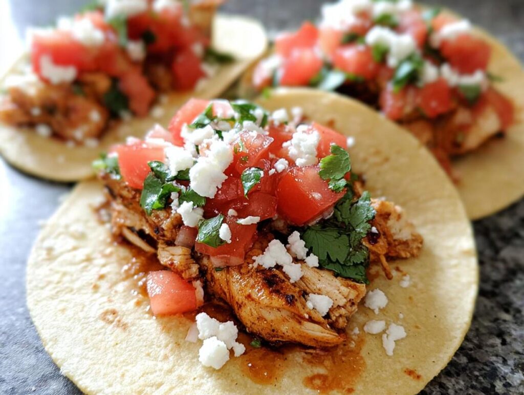 Close-up of one of the Easy Chicken Street Tacos topped with seasoned chicken, diced tomatoes, cilantro, and cotija cheese.