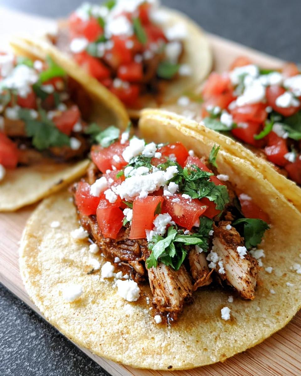 Close-up of Easy Chicken Street Tacos filled with shredded seasoned chicken, diced tomatoes, cilantro, and cotija cheese.
