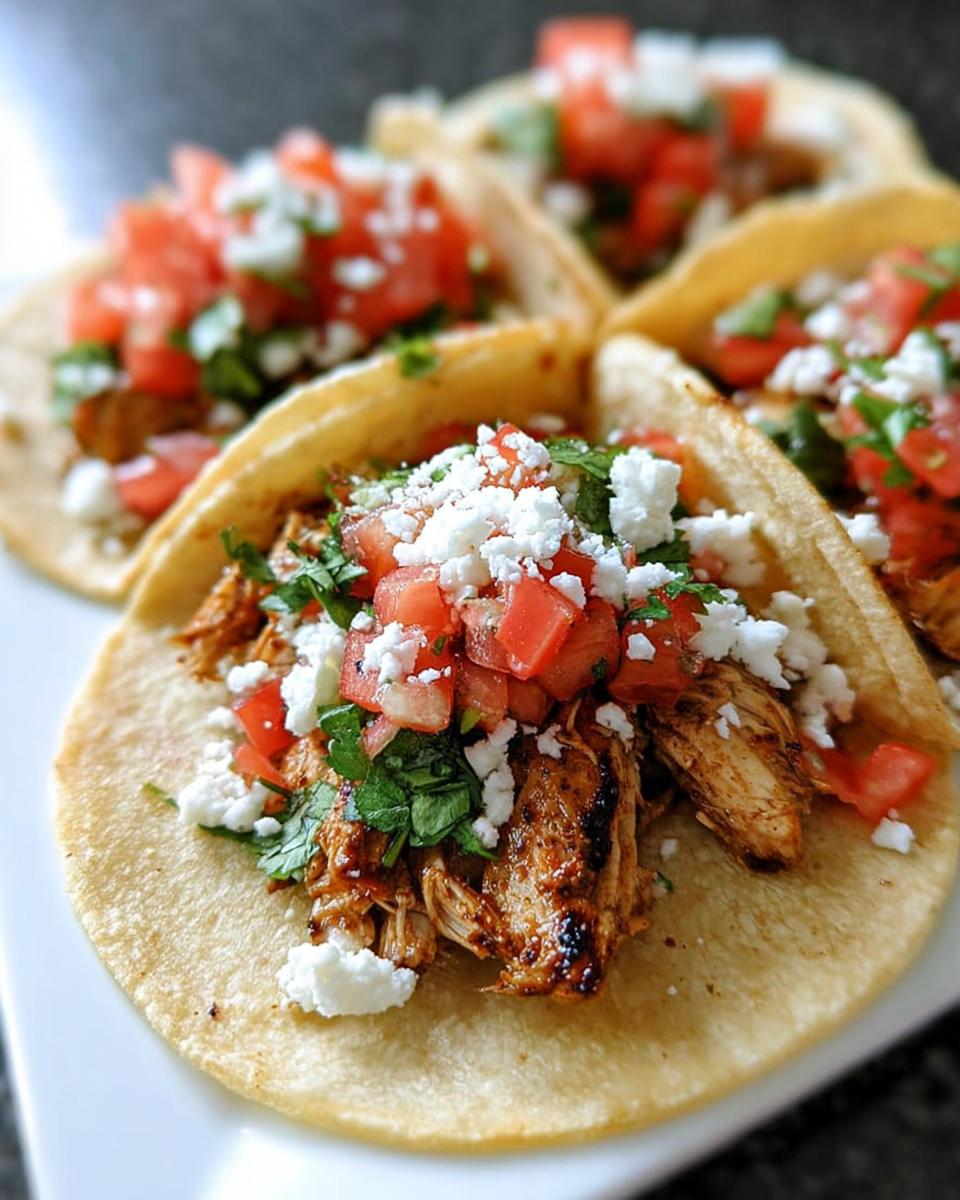 Close-up of Easy Chicken Street Tacos filled with shredded seasoned chicken, pico de gallo, and cotija cheese.