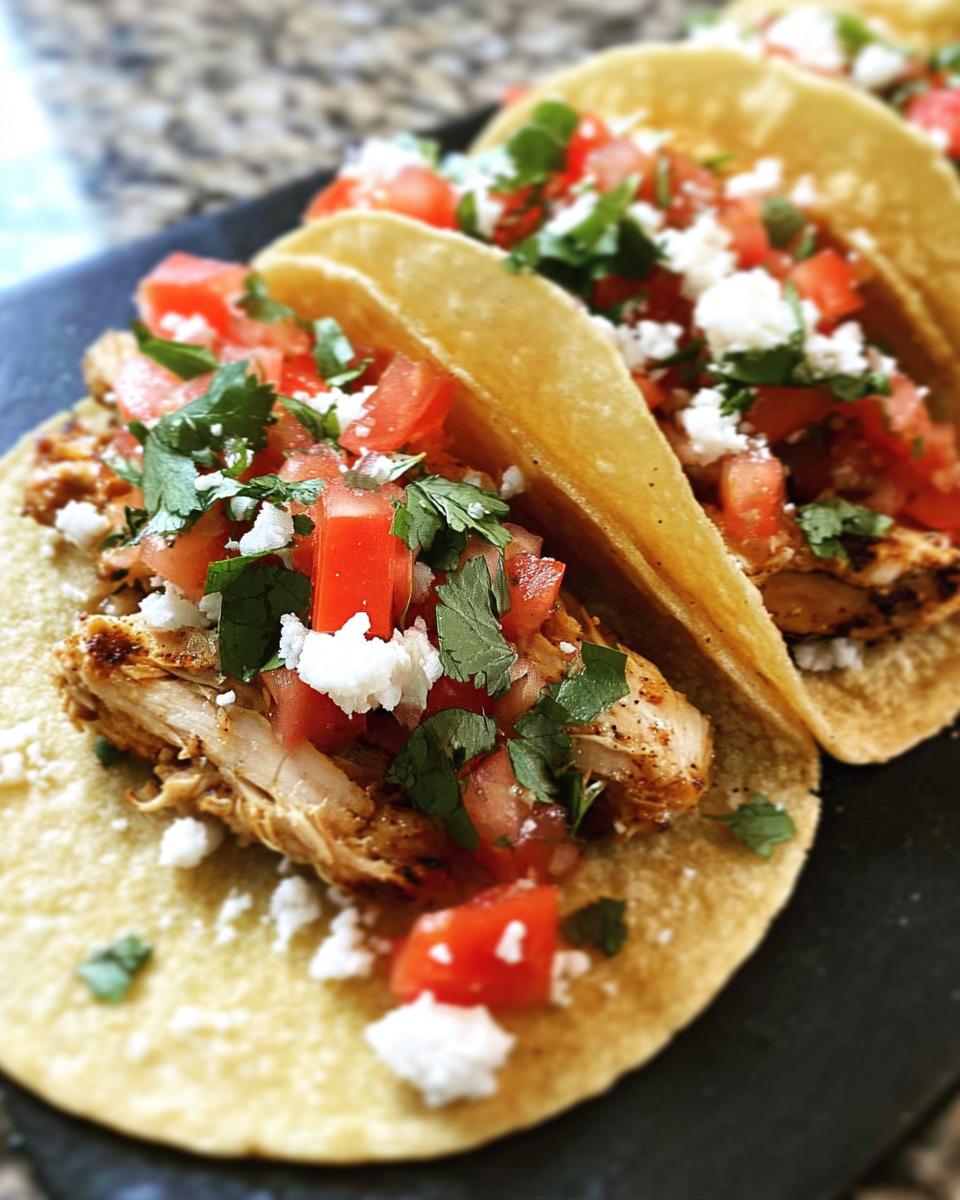 Close-up of Easy Chicken Street Tacos filled with seasoned chicken, diced tomatoes, cotija cheese, and cilantro.
