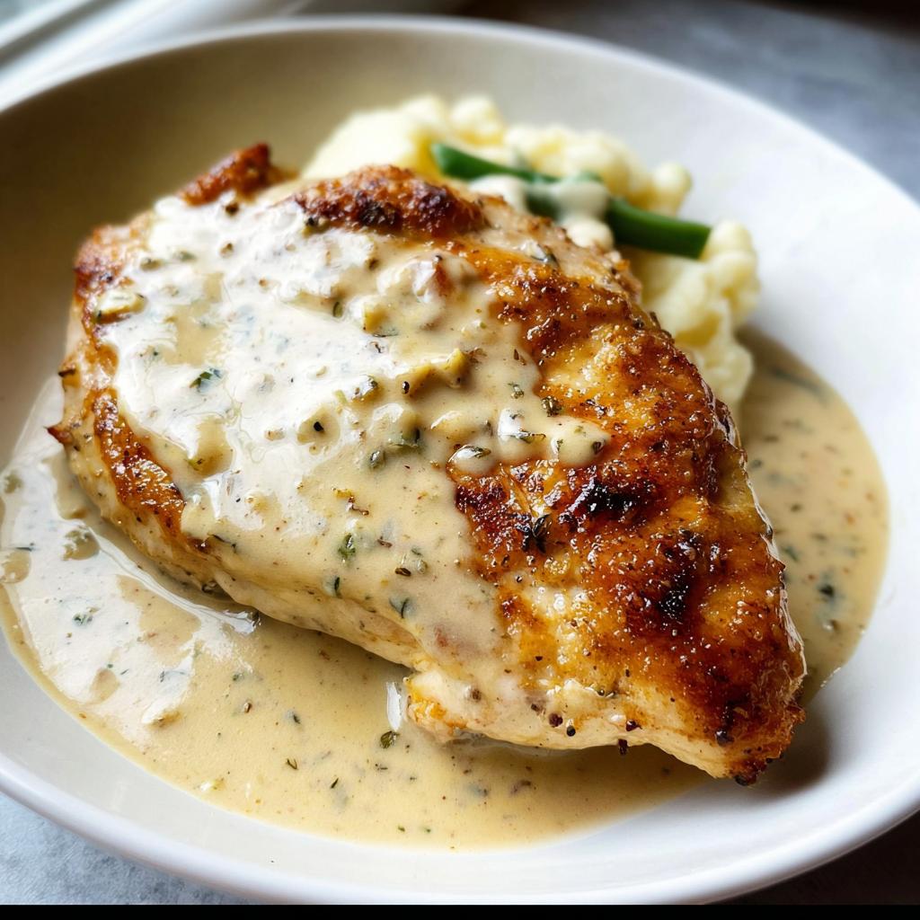 A perfectly seared chicken breast covered in rich, creamy ranch sauce, served with mashed potatoes and green beans.