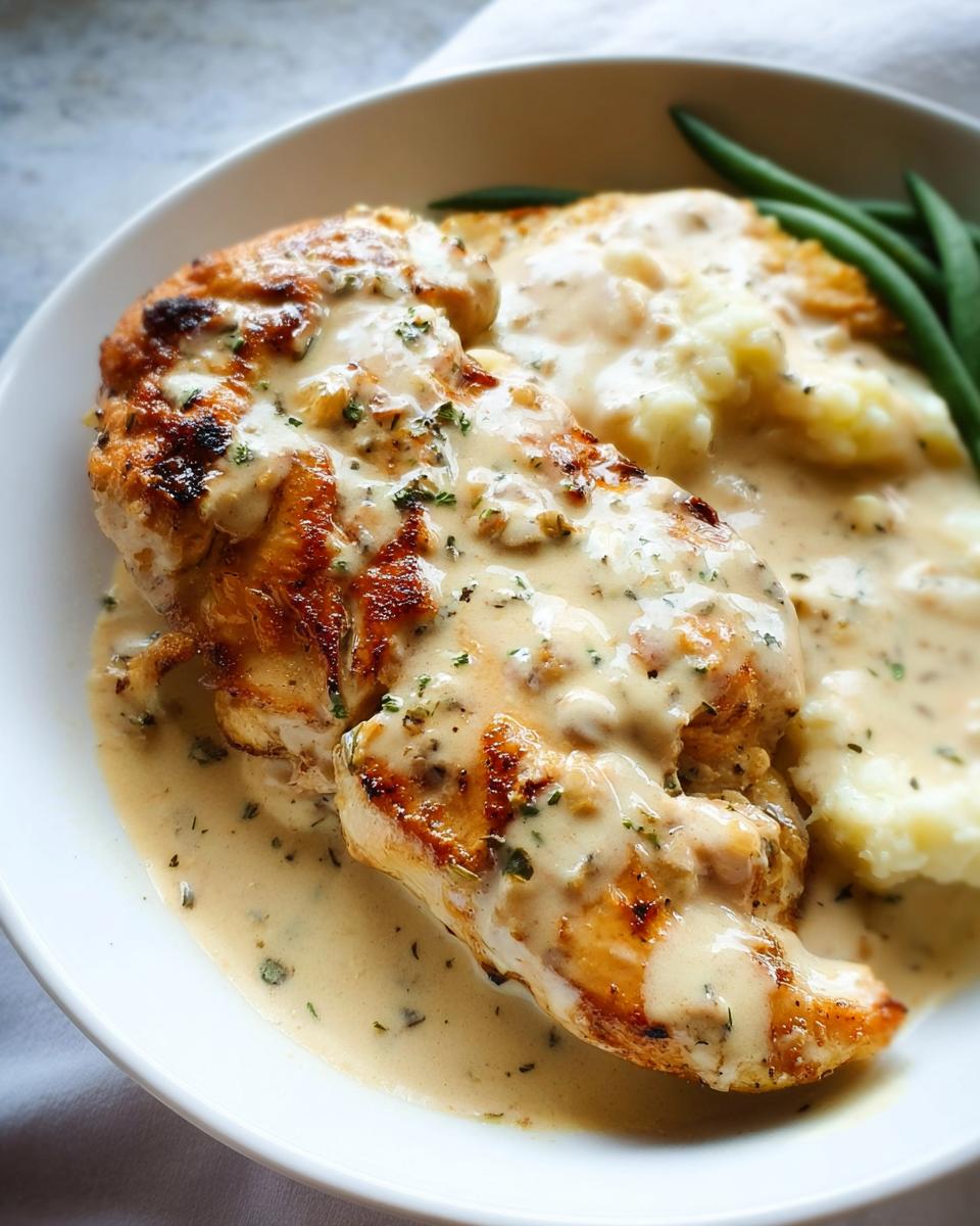 Close-up of Easy Creamy Ranch Chicken smothered in a thick, herb-flecked sauce, served with mashed potatoes and green beans.