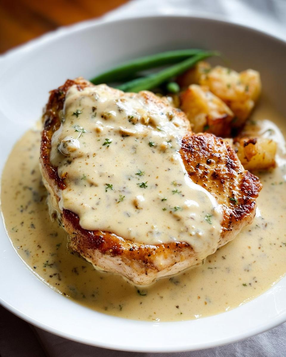 A perfectly seared chicken breast smothered in Easy Creamy Ranch Chicken sauce, served with roasted potatoes and green beans.