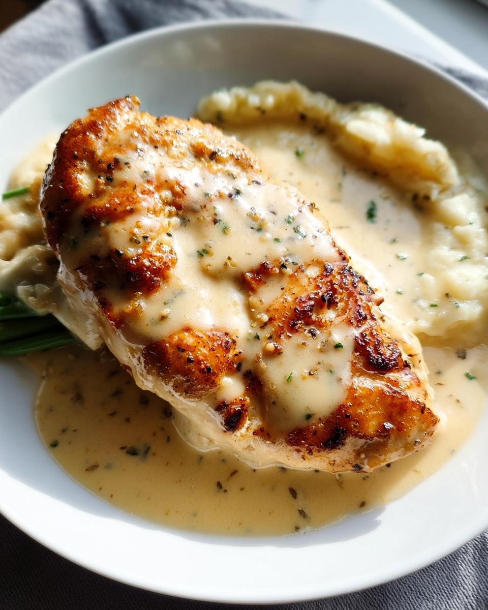A perfectly seared chicken breast smothered in creamy ranch sauce, served with mashed potatoes.