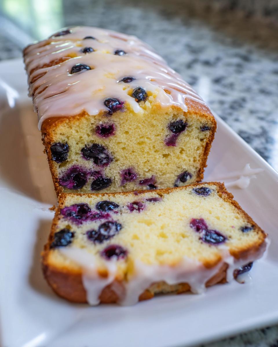 A loaf of Easy Lemon Blueberry Pound Cake, partially sliced, showing blueberries and a thick lemon glaze.