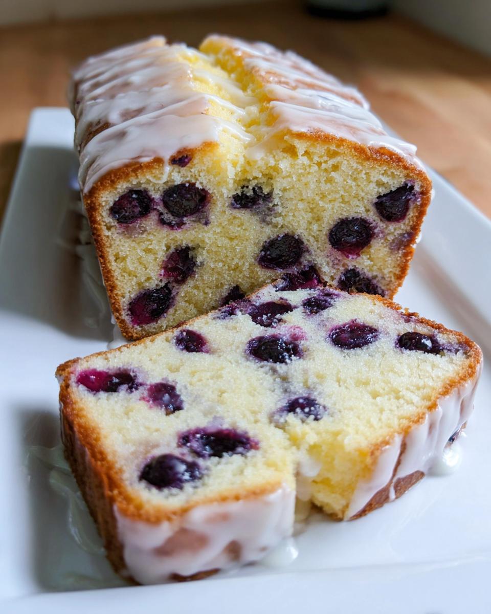 A close-up of Easy Lemon Blueberry Pound Cake, sliced to show blueberries and topped with a white lemon glaze.