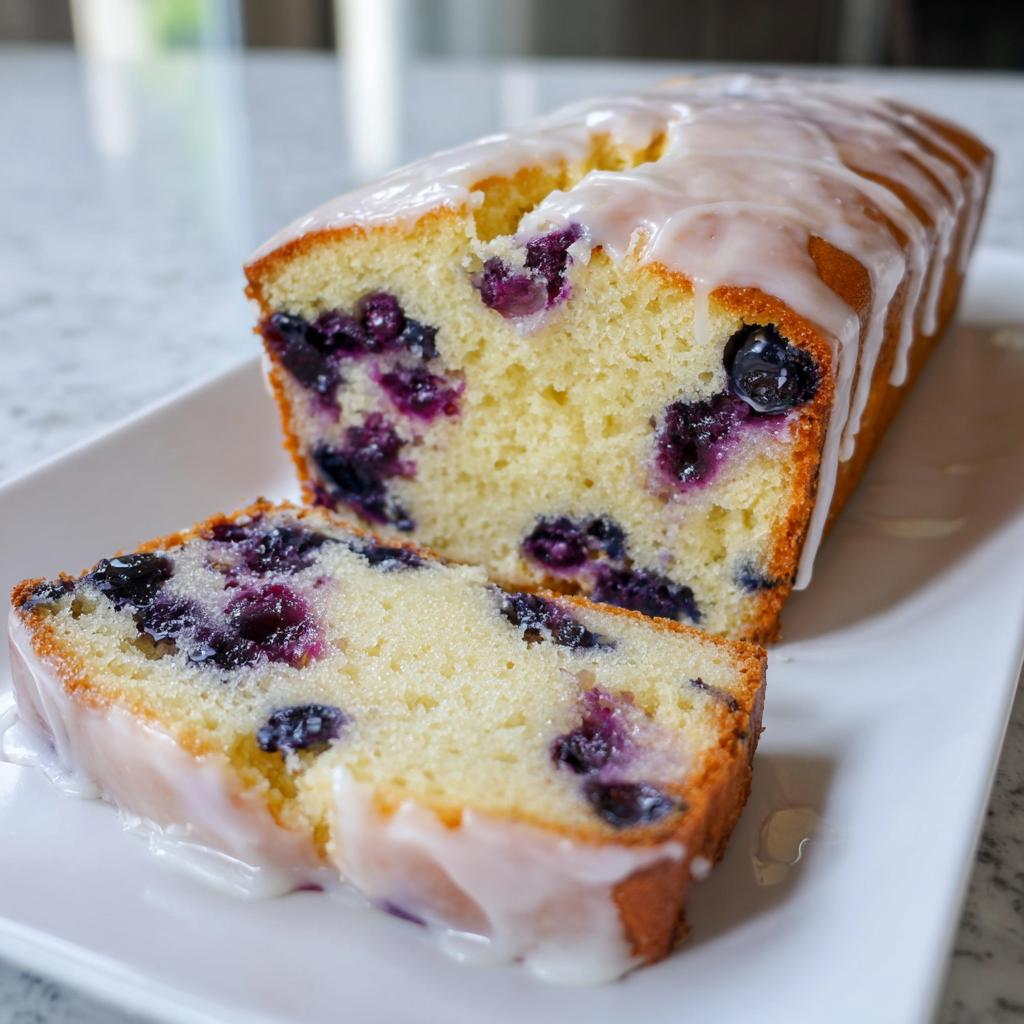 A loaf of Easy Lemon Blueberry Pound Cake, partially sliced, showing moist interior and lemon glaze.