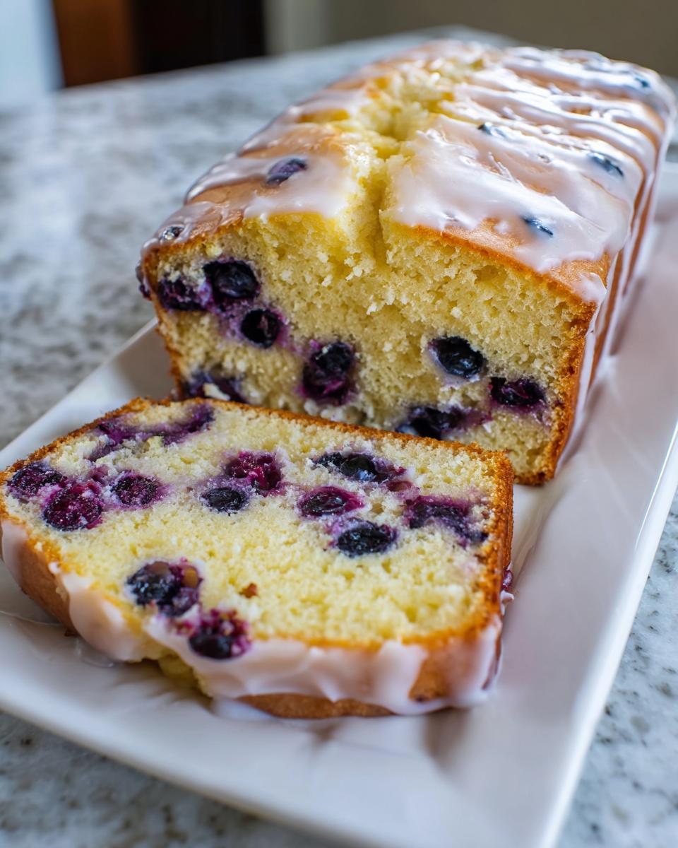 A loaf of Easy Lemon Blueberry Pound Cake, partially sliced, showing moist crumb and blueberries, topped with lemon glaze.