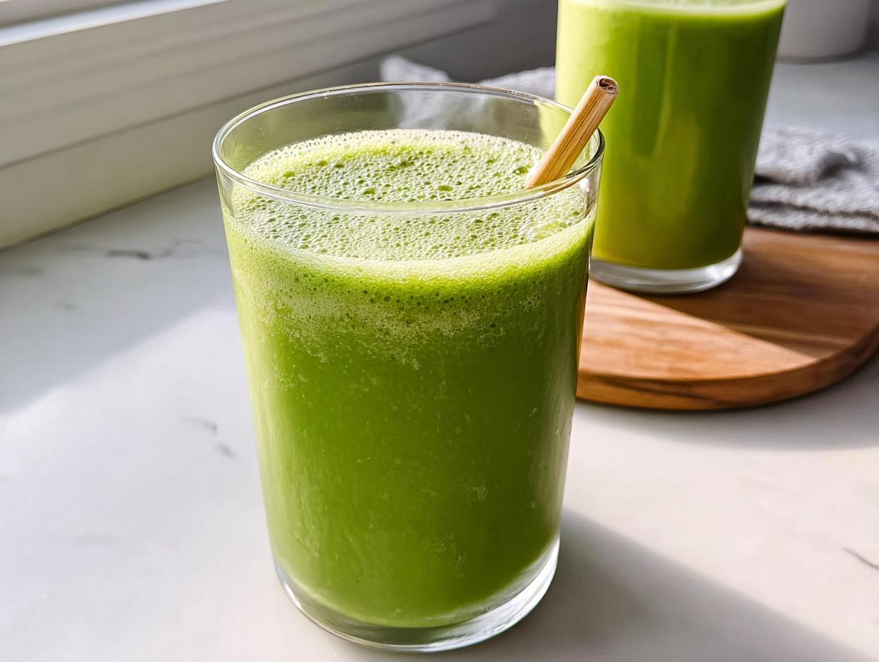 Close-up of a vibrant green smoothie in a glass with a bamboo straw, part of Easy Smoothie Recipes for Beginners.