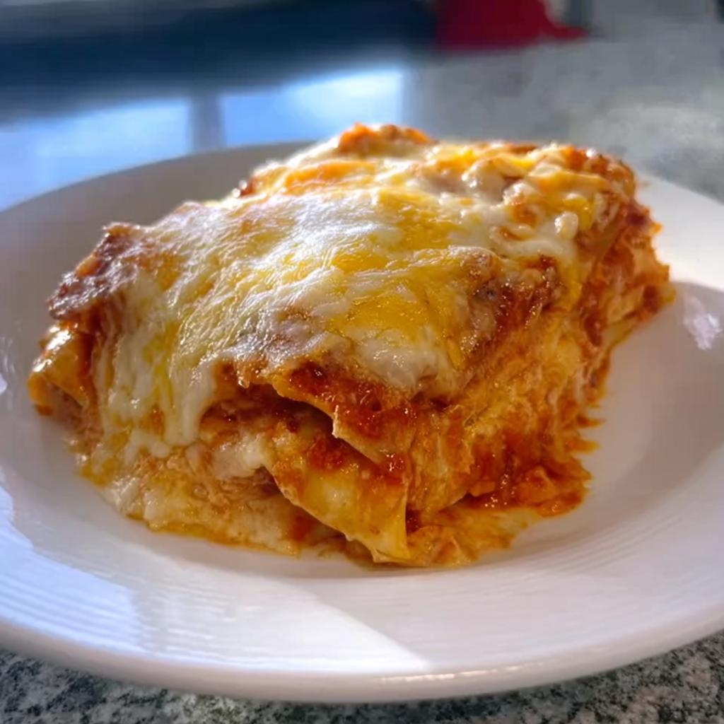 A perfectly baked slice of Extra Cheesy Four Cheese Lasagna with melted, golden cheese topping.