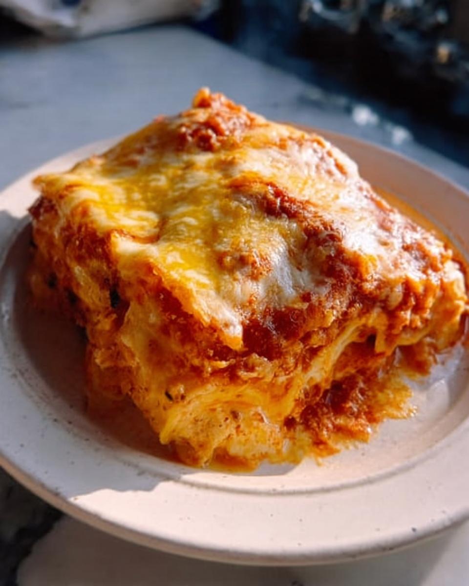 A thick, square slice of Extra Cheesy Four Cheese Lasagna covered in melted golden cheese and rich tomato sauce.