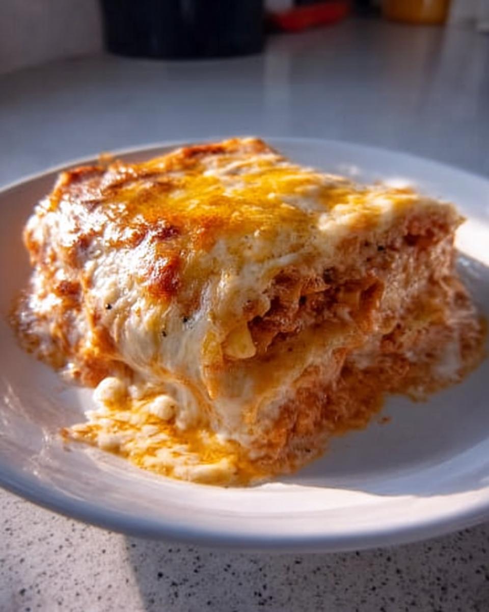 A generous slice of Extra Cheesy Four Cheese Lasagna with melted, golden-brown cheese topping.