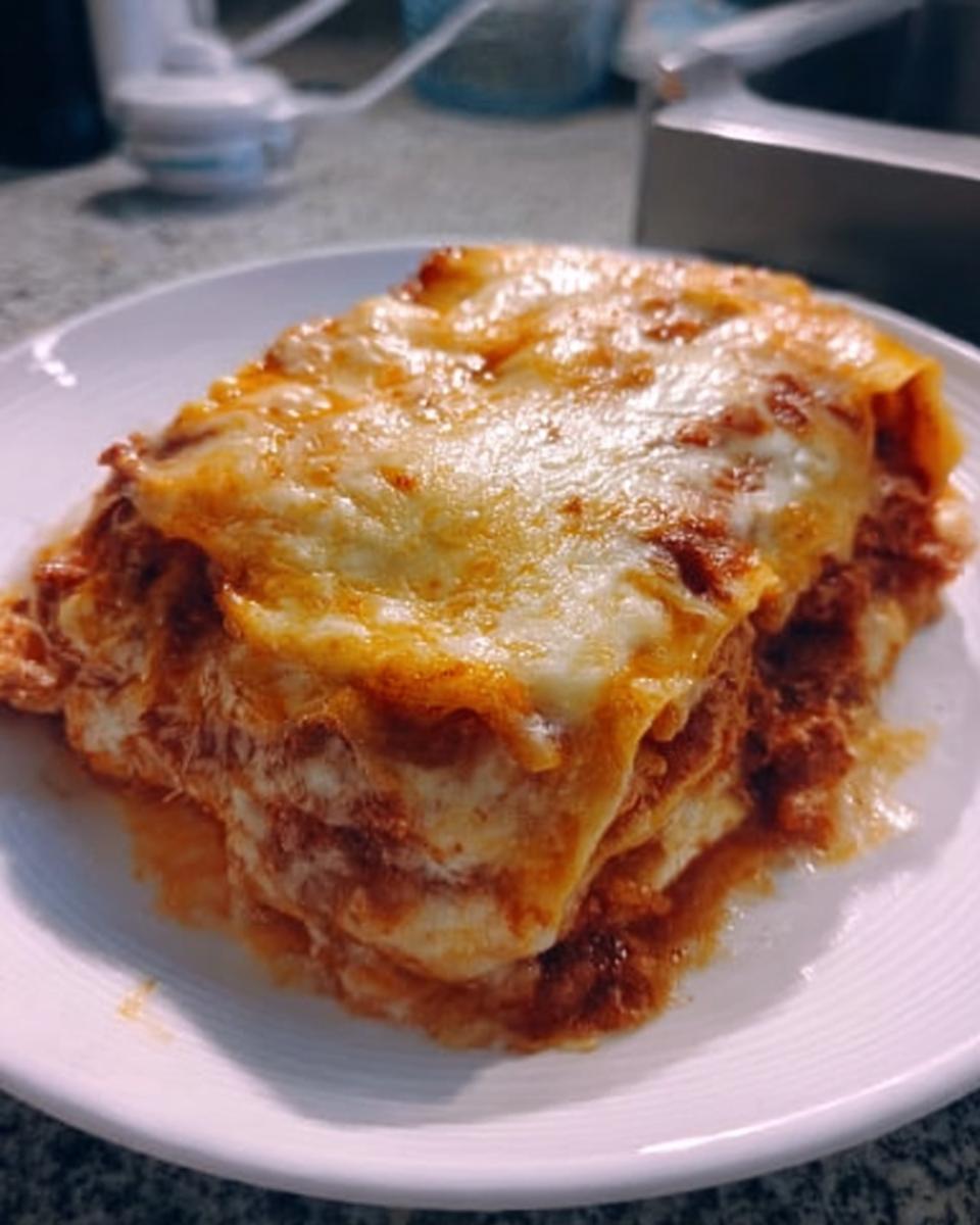 A generous slice of Extra Cheesy Four Cheese Lasagna with melted, browned cheese topping served on a white plate.