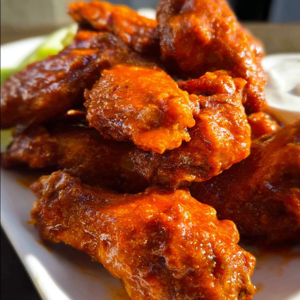 Close-up of glossy, saucy Extra Crispy Baked Buffalo Chicken Wings piled on a white plate.