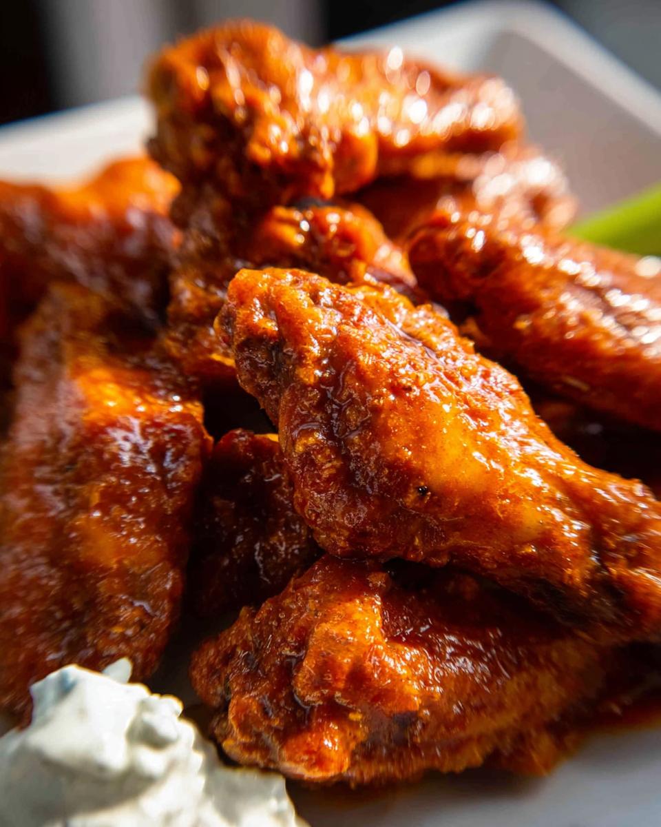 Close-up of glossy, saucy Extra Crispy Baked Buffalo Chicken Wings piled on a plate with a side of blue cheese dressing.