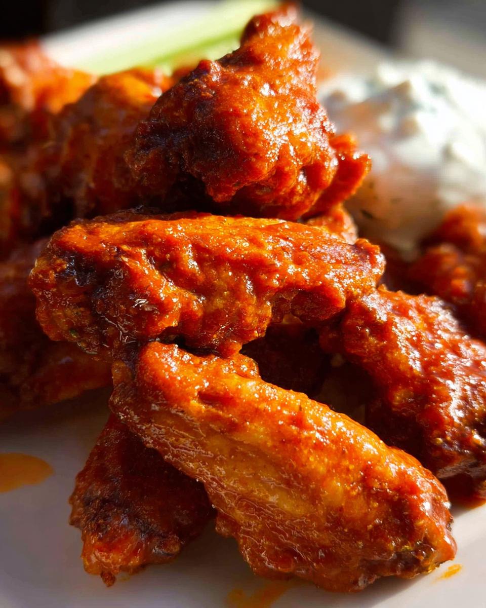Close-up of glossy, saucy Extra Crispy Baked Buffalo Chicken Wings piled on a plate next to blue cheese dressing.