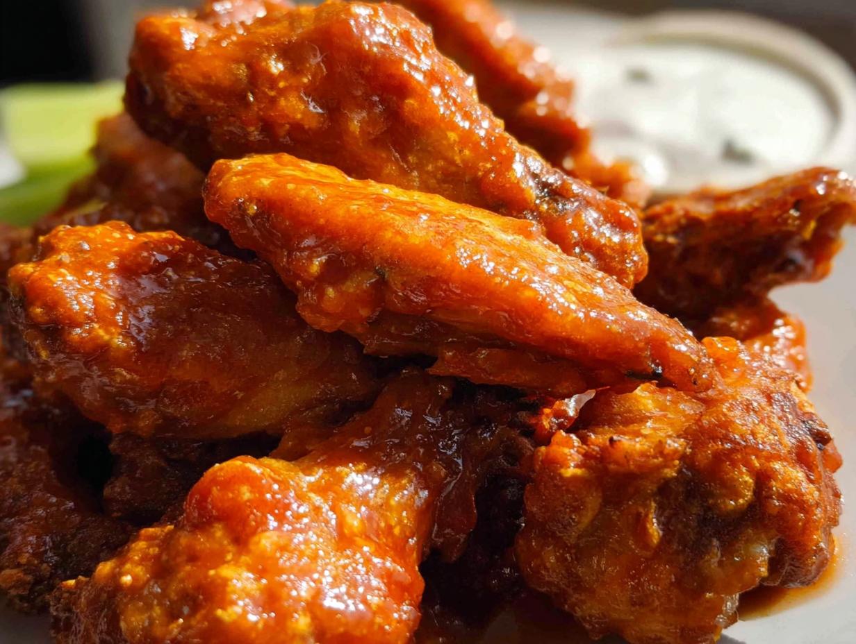A close-up of shiny, saucy Extra Crispy Baked Buffalo Chicken Wings piled high, with blue cheese dressing visible in the background.