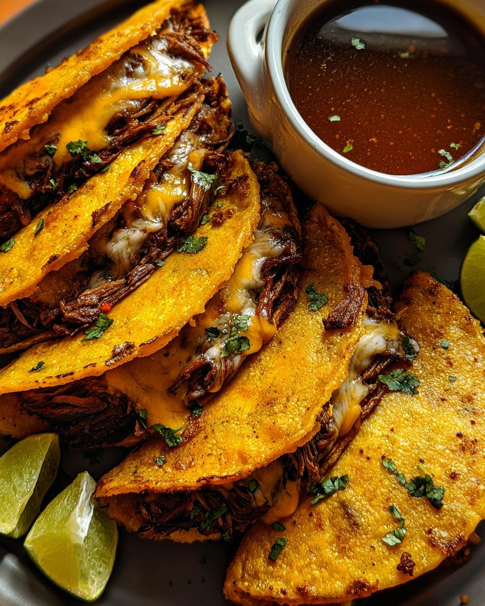 A plate of crispy, cheesy My Fave Birria Tacos served with a side of rich consommé for dipping and lime wedges.