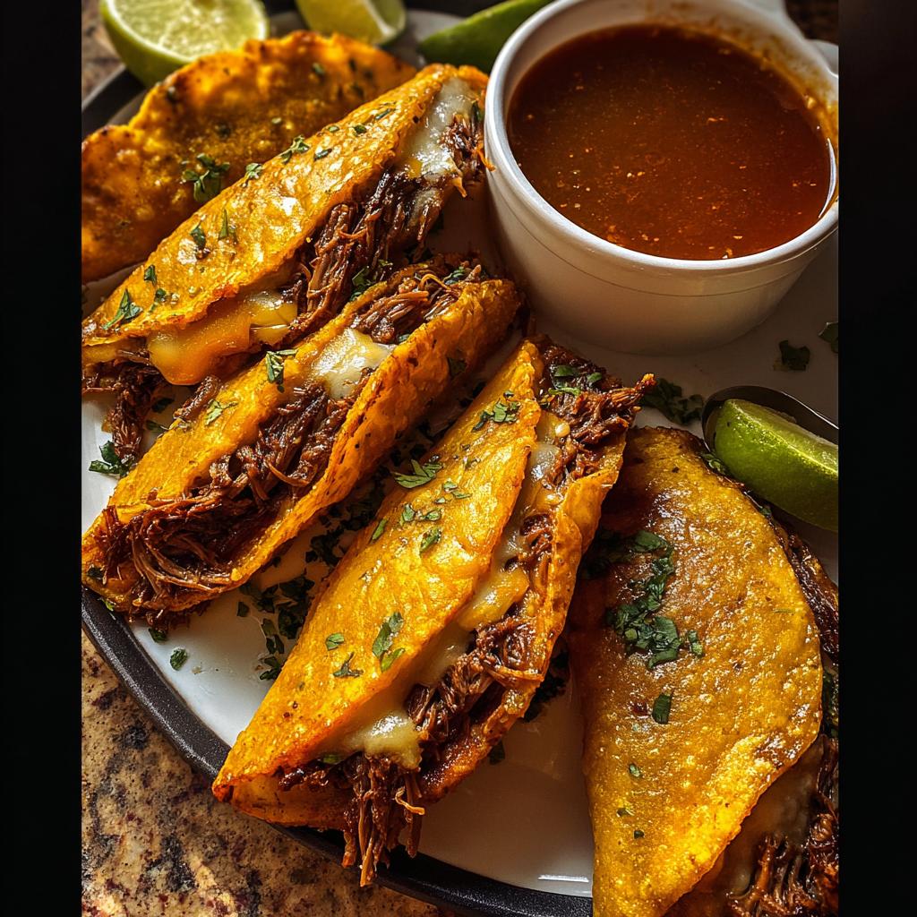 Close-up of crispy, cheesy My Fave Birria Tacos served with a side of rich consommé and lime wedges.