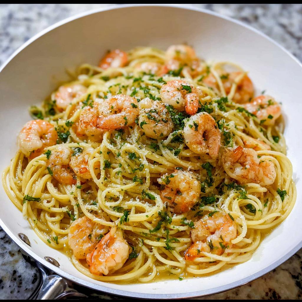 Close-up of delicious Garlic Butter Shrimp Pasta tossed in a white skillet, topped with parsley and Parmesan.