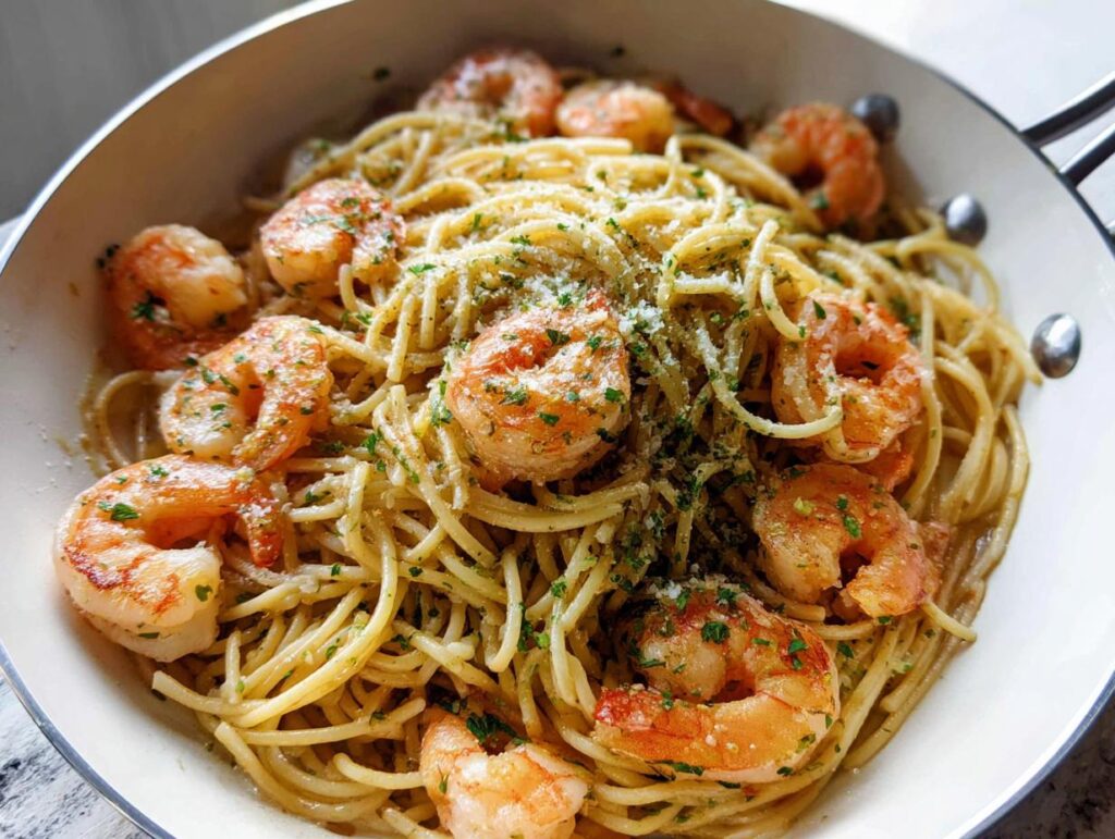 Close-up of Garlic Butter Shrimp Pasta tossed in a white skillet, topped with Parmesan and parsley.
