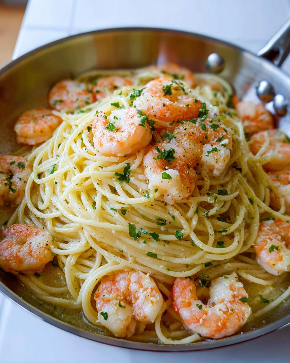 Close-up of Garlic Butter Shrimp Pasta tossed in a buttery sauce and garnished with parsley in a stainless steel skillet.