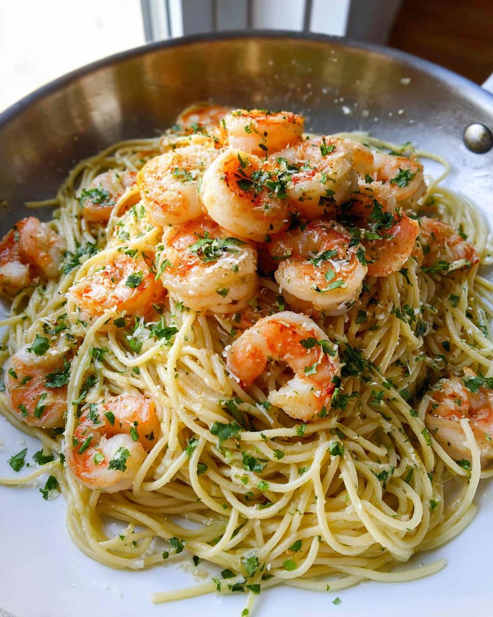A close-up of Garlic Butter Shrimp Pasta topped with plump shrimp, parsley, and Parmesan cheese in a metal skillet.