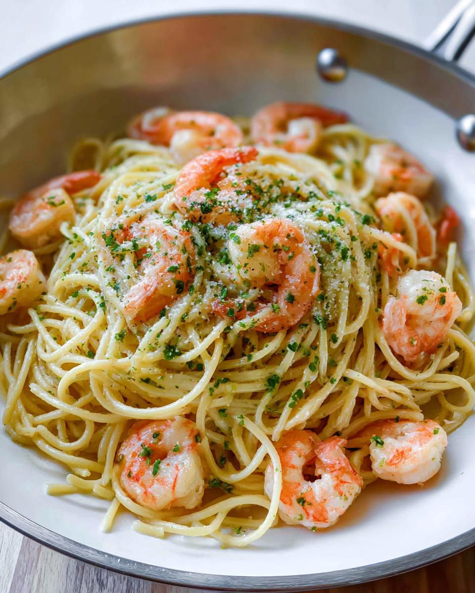 A close-up of Garlic Butter Shrimp Pasta tossed in a light sauce, topped with Parmesan and parsley, served in a skillet.