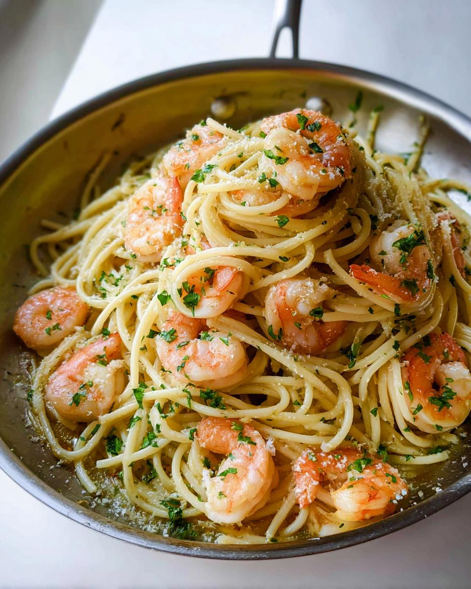 Close-up of Garlic Butter Shrimp Pasta tossed in a buttery sauce, topped with shrimp, parsley, and Parmesan cheese.