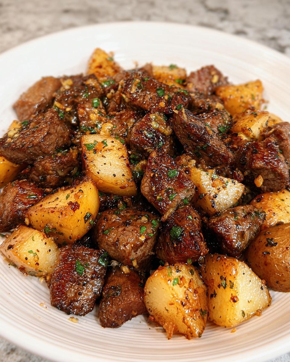 A close-up of Garlic Butter Steak Bites with Potatoes, glistening in sauce and topped with parsley.