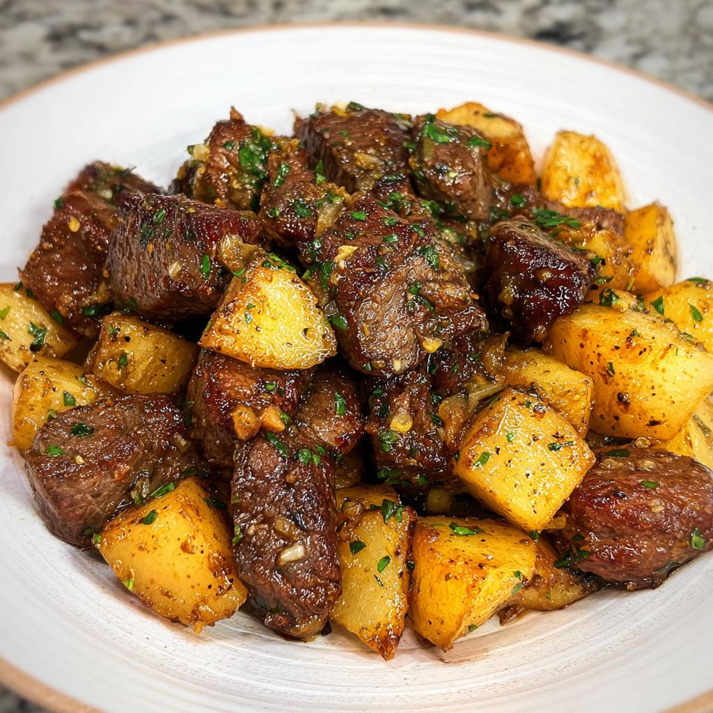 A close-up of juicy Garlic Butter Steak Bites with Potatoes, coated in a rich sauce and sprinkled with parsley.