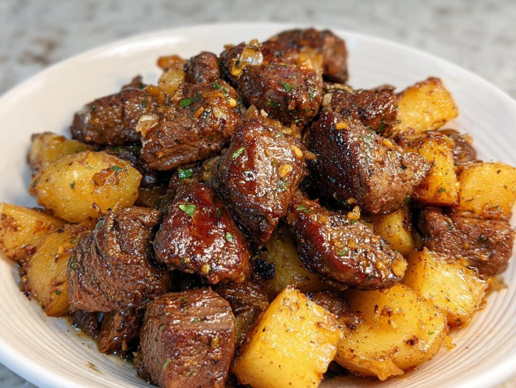 A close-up of juicy Garlic Butter Steak Bites with Potatoes coated in a rich, glossy sauce.