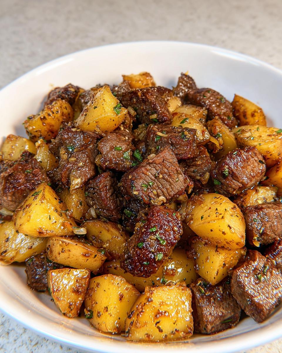 Close-up of juicy Garlic Butter Steak Bites with Potatoes coated in a rich, savory sauce and herbs.