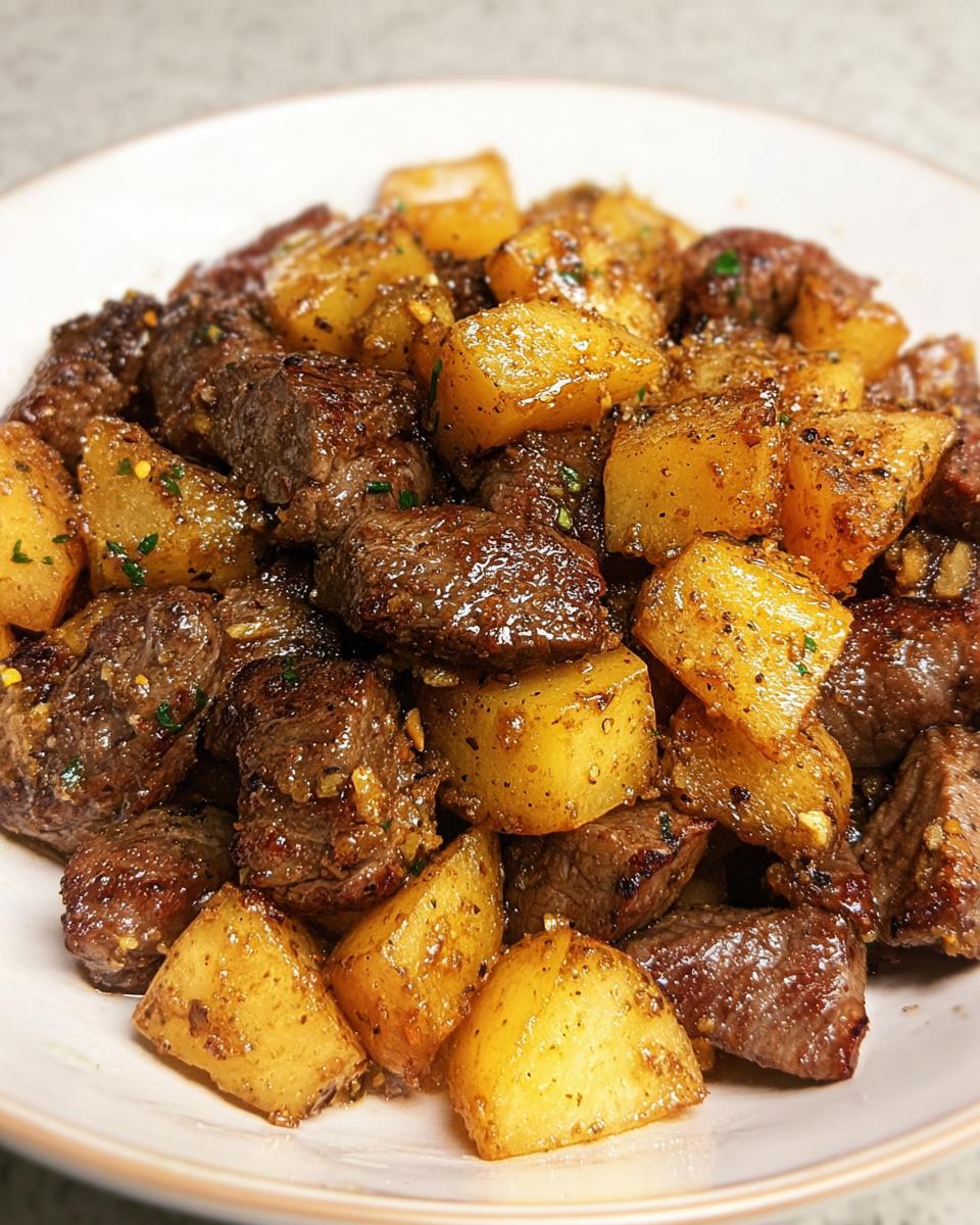 Close-up of savory Garlic Butter Steak Bites with Potatoes coated in a rich, shiny sauce.
